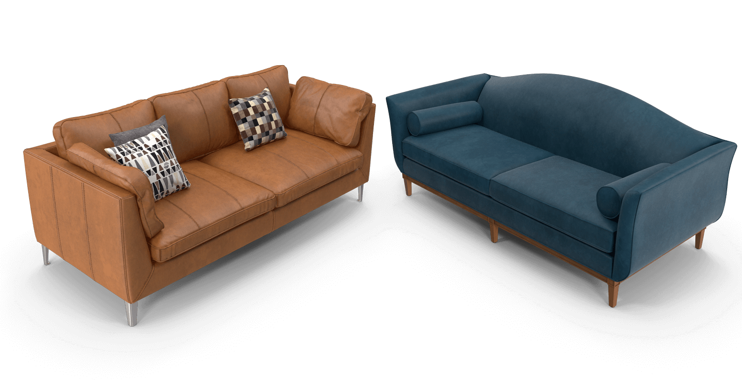 a brown leather sofa and a blue upholstered sofa