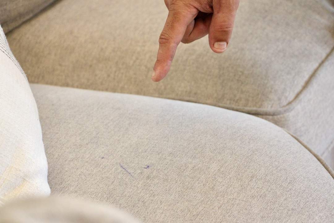 furniture cleaner pointing at stain on upholstered couch